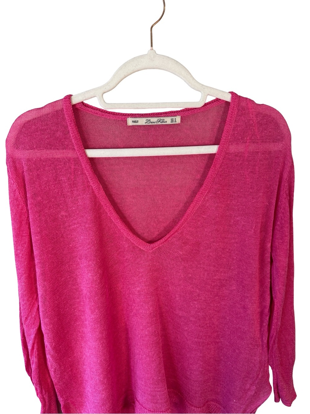 Zara Knit Bright Pink V-Neck Lightweight Sweater Semi Sheer Size M Spring - Picture 9 of 12
